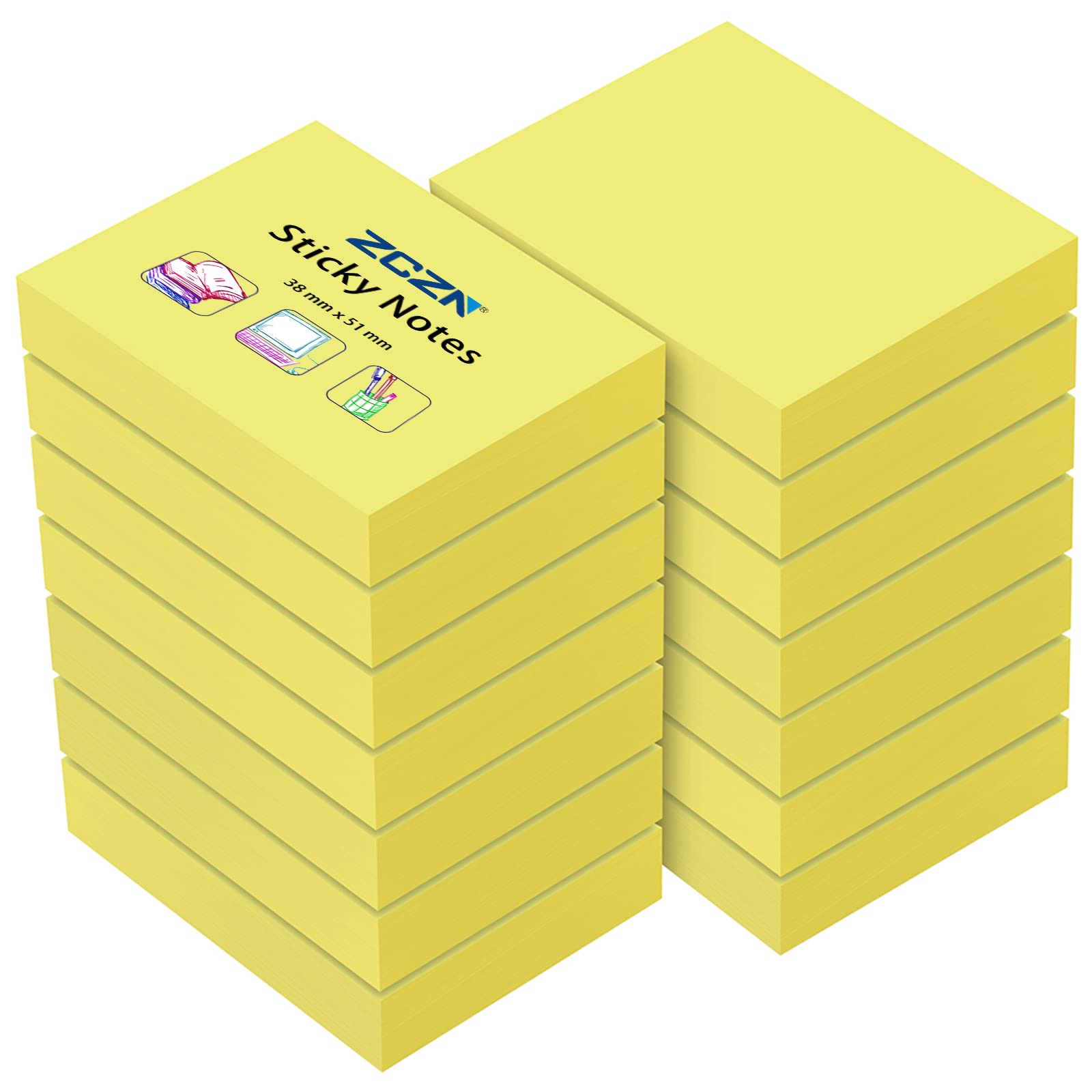 ZCZN Small Sticky Notes 38 x 51mm, 100 Sheets/Pad, 14 Pads, Yellow