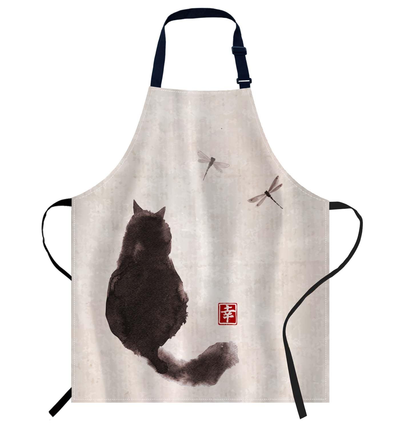 Smooffly Vintage Cat and Dragonfly Traditional Japanese Ink Painting Apron - Unisex Adjustable Bib Apron for Home Kitchen, Restaurant, Coffee House