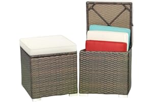 MEDIMALL Patio Wicker Ottoman Set of 2, Multipurpose Outdoor Footstool w/Removable Cushions, Rattan Side Table w/Storage, Footstool Ottoman Seat for Garden, Backyard, Poolside (Off White)