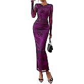 PRETTYGARDEN Wedding Guest Dresses for Women Spring Long Sleeve Ruched Bodycon Floral Mesh Cocktail Party Fall Maxi Dress