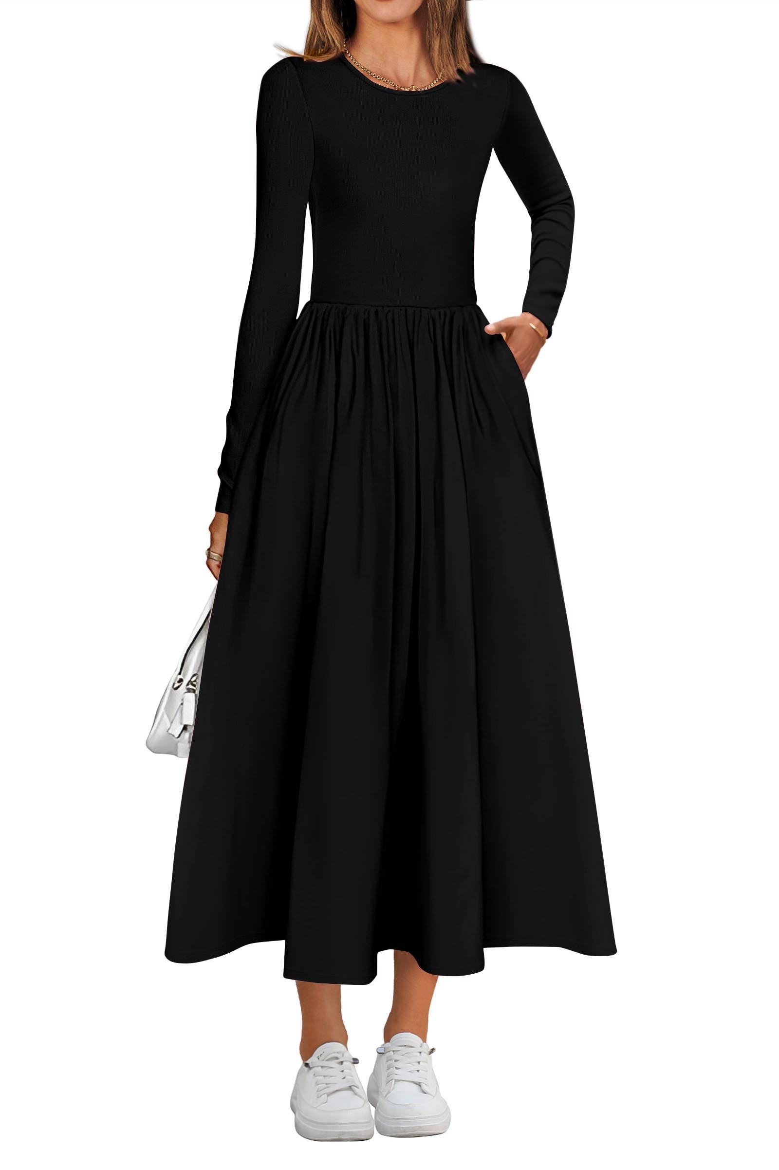 Photo 1 of KIRUNDO Women Casual Long Sleeve Midi Dress 2025 Fall Wedding Guest Flowy Bohemian Modest Long Dresses with Pockets(Black, Small)