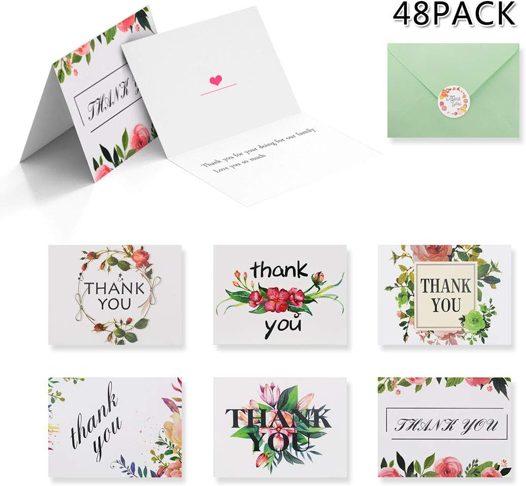 48 Pack Thank You Cards, White Watercolor Floral Thank You Note Cards-Green Paper Envelop and Thank You Stickers Included (4x6 inch)