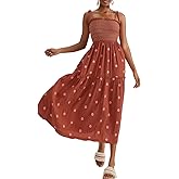 GRMLRPT Women Floral Embroidered Maxi Dress Boho Sleeveless Tie Strap Shoulder Dresses Smocked Summer Sundress with Pockets