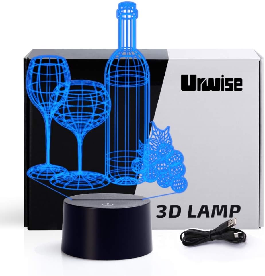 Wine glass 2D optical illusion night lights, Wines bottles seven color variations, Red-wine glass smart touch button USB and battery power, amazing creative art design for children's Christmas gifts