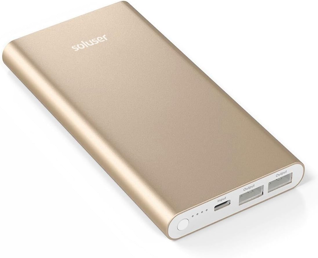 Soluser 12000 Portable Charger, Compact 12000mAh 2-Port Lightweight Aluminium Alloy Ultra Portable Phone Charger Power Bank for iPhone, iPad, Samsung Galaxy (Gold)