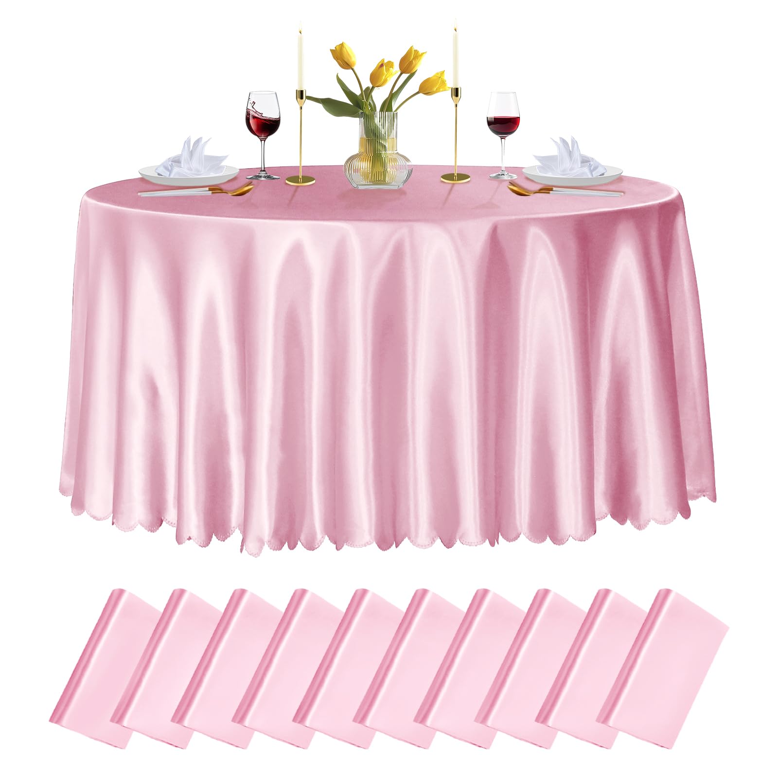 Photo 1 of ***ONLY ONE TABLECLOTH/MISSING 9***Cobedzy 10 Pack 90 Inch Pink Round Satin Tablecloths Round Satin Table Cloths, Overlay Silky Tablecloths Dining Table Covers for Wedding, Party, Banquet, Events, Reception, Dinner