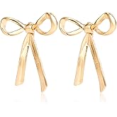 QLYOVWE Gold Bow Stud Earrings for Women Dainty Ribbon Earrings Pearl Bow Long Tassel Drop Earrings Stud Simple Trendy Statement Prom jewelry Gifts