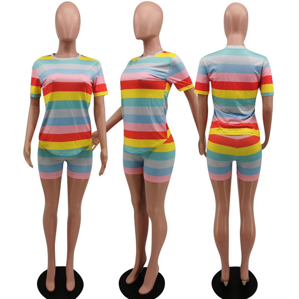 Women Sexy 2 Piece Outfits - Stripes Shorts Sets Rompers Short Sleeve Tops Yellow L