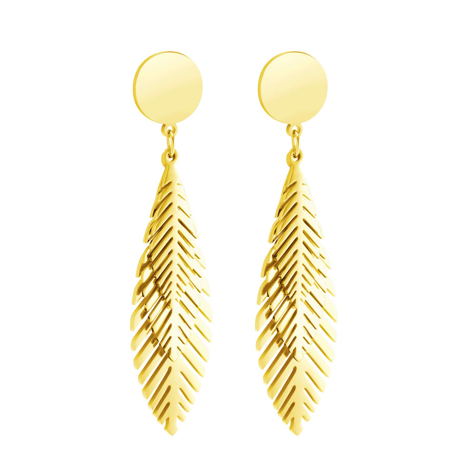 555Jewelry Stainless Steel Drop Earrings, Ladies Dangle Earrings, Leaf Stud Layered Feather Earrings for Women, Metal Feather Earrings for Ladies, Gold