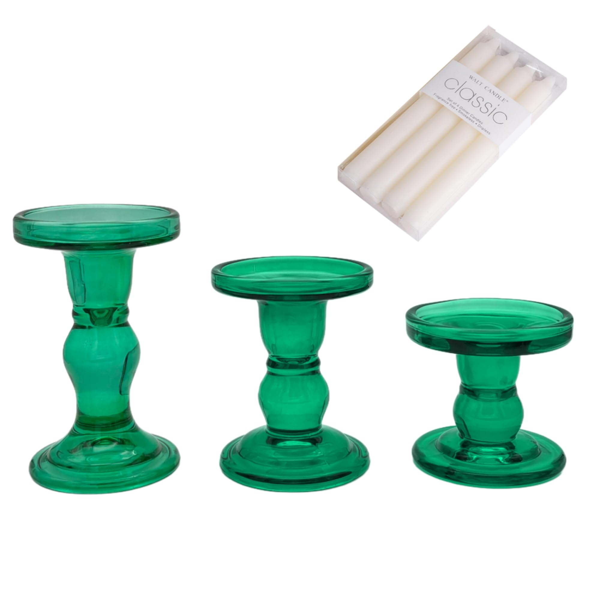 Green Glass Candle Holders Set of 3 Clear Candlestick Holders Vintage Candle Stands for Pillar Taper Candle Tealight Home Decor Table Centerpieces Christmas, Candleholder Sets with 4 Pcs Taper Candles