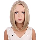 PATTNIUM Kids Blonde Bob Wig Child Short Straight Blonde Bob Wigs for Girls Cosplay Party Daily Wear Heat Resistant Synthetic Wigs
