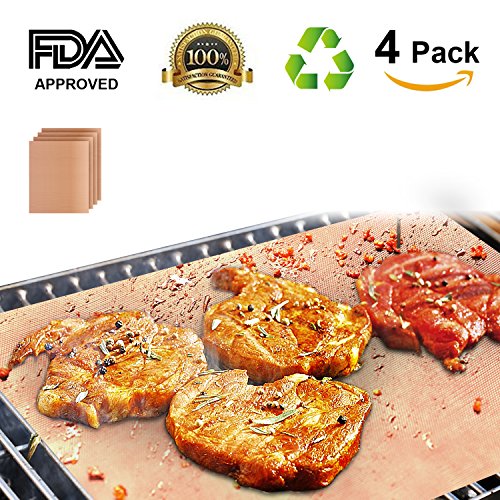 Grill Mat Set of 4, Heavy Duty 100% Non-stick BBQ Grill Mat, Durability reused and easy to clean, FDA-Approved, Healthy Barbecue with Works on Gas ,Charcoal ,Electric Grill and More Oven -16 x 13 Inch