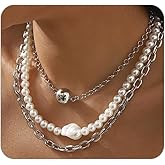 3Pcs Gold Pearl Layered Necklace,Faux Pearl Beaded Choker Necklaces for Women,Chunky Adjustable Layering Chain Link Necklaces Set Party Jewelry