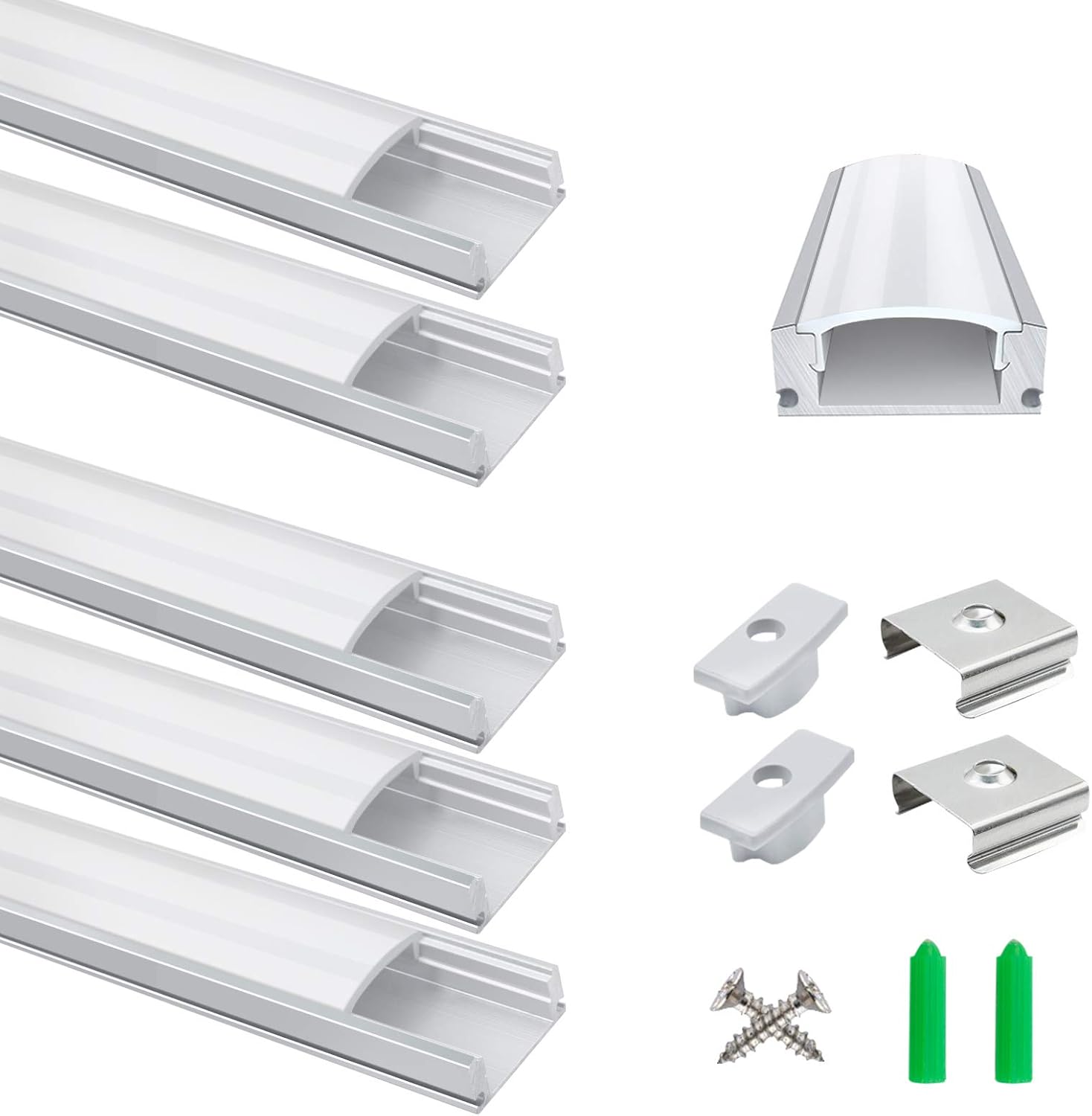 LightingWill Aluminum Profile Channel 5-Pack 3.3ft/1Meter Silver U-Shape LED Diffuser With Milky White Cover