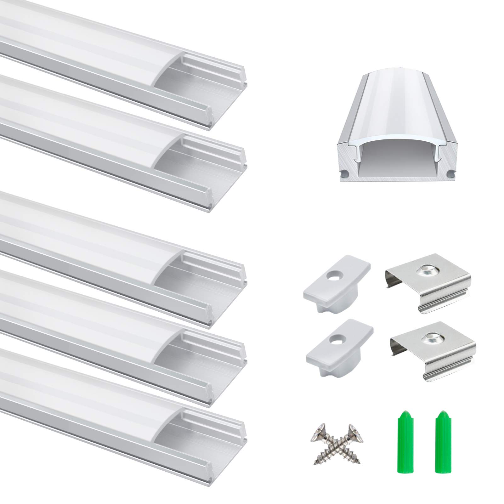 LightingWill Aluminum Profile Channel 5-Pack 3.3ft/1Meter Silver U-Shape LED Diffuser With Milky White Cover, End Caps and Mounting Clips for Strip Lights U02