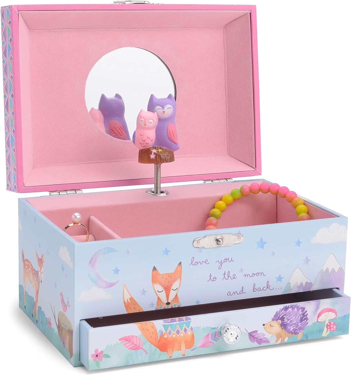 Jewelkeeper Girl's Musical Jewellery Storage Box with Pull-out Drawer, Woodland Owls Design, Twinkle Twinkle Little Star Tune | Child Jewellery Boxes, Musical Owl Jewellery Box, Pink Owl Jewellery Box