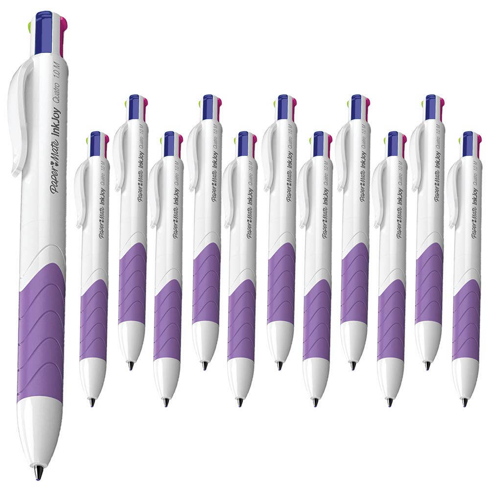 12 x Papermate InkJoy Quatro Retractable Ballpoint pens, 1.0mm Medium Point, White/Purple - Loose in Plain Packaging