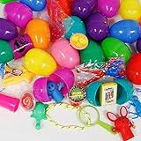 36 Toy Filled Easter Eggs, Eggs Measure 2.3 Inches Filled With Rings, Stickers, And Much More! Hinged Together For Easy Assembly - 10 Bright Shiny Colors, Great For School Easter Egg Hunt - 36 Pack