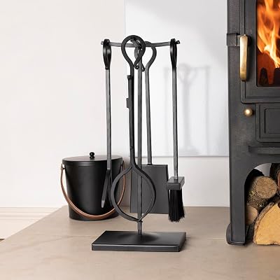 Charles Bentley Fireside Companion Set Black Matte Iron Poker Tongs Shovel
