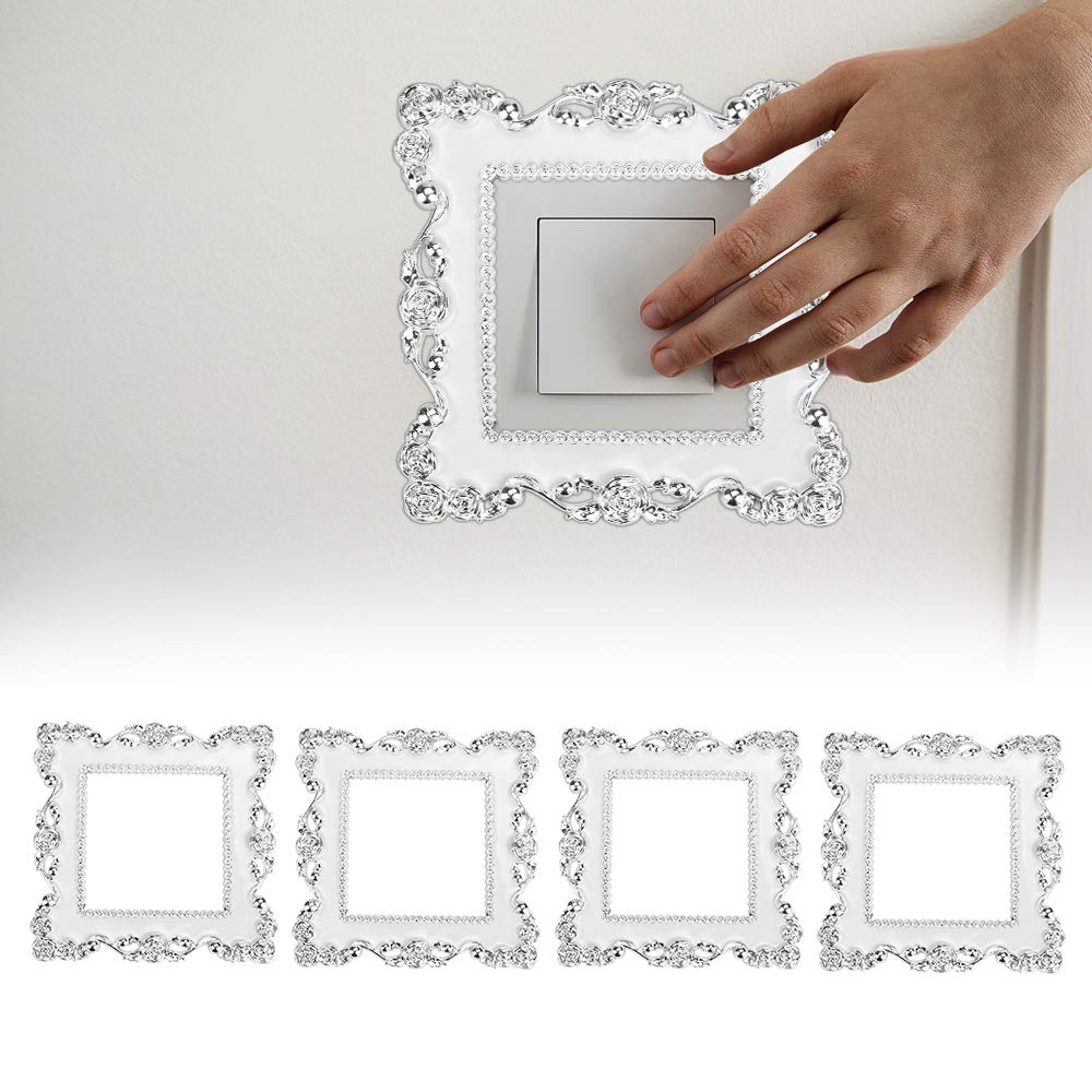 QUCUMER 4 Pcs Light Switch Sticker, Plastic Resin Single Light Switch Surround Socket Vintage Square Shape Luxurious Lights Switches Cover White Socket Stickers Covers for Home Wall Switches Decor
