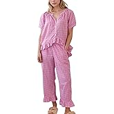 APRTEAK Womens 2 Piece Gingham Pajamas Set Cute Plaid Pjs Cotton Short Sleeve Babydoll Shirt Ruffle Pants Lounge Sets