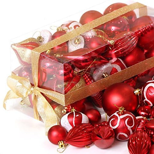 48-Pack Assorted Shatterproof Christmas Ball Ornaments Set, Decorative Baubles Pendants for Seasonal Decor-Xmas Festival Parties Tree (Red)