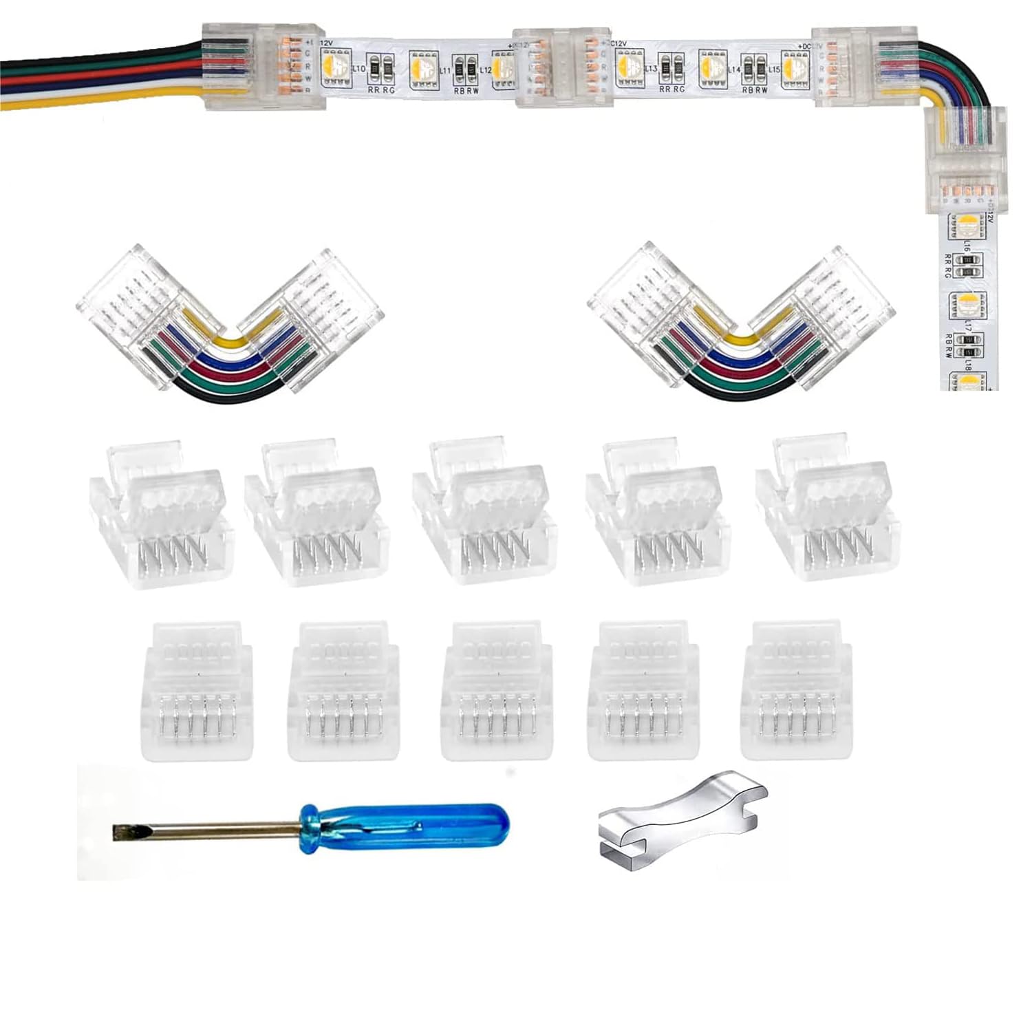YUTOKEER 5pcs 6-Pin 12mm RGB+CCT LED Strip to Wire/Strip to Strip Connector Unwired Clips Solderless Adapter Terminal Extension Connection,2pcs L-Shaped Connectors for LED Strip Lights 12V 24V