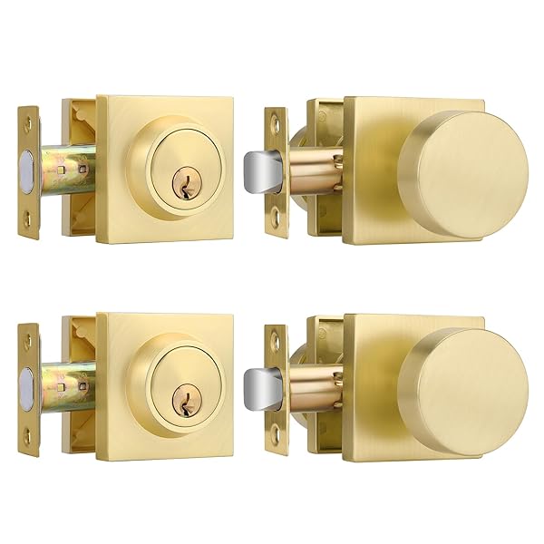 HAIDMS GOLD DOOR KNOBS WITH DEADBOLT, HEAVY DUTY GOLD EXTERIOR DOOR KNOBS, ZINC-ALLOY BRUSHED BRASS FRONT DOOR KNOB AND DEADBOLT SET (2 PACK)