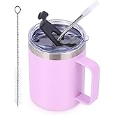 Volhoply 12oz Insulated Leakproof Coffee Mug with Flip & Straw Lid,Double Wall Vacuum Stainless Steel Travel Cafe Tumbler Cup with Handle,Reusable Camping Mugs Keep Cold/Hot(Purple,1 Set)