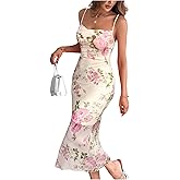 SOLY HUX Women's Floral Midi Dress Elegant Cowl Neck Fishtail Bodycon Mesh Party Sundress Vacation Outfits