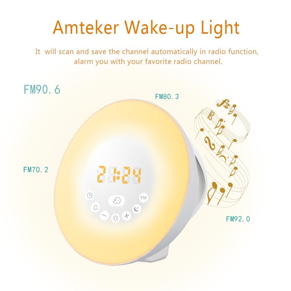 Wake-Up Light, Amteker Sunrise Simulation Alarm Clock with FM Radio Nature Sounds, 7 Colors Atmosphere Lamp,10 Brightness Bedside Lamp - Touch Control night light for Girl Lady kid Baby Bedroom