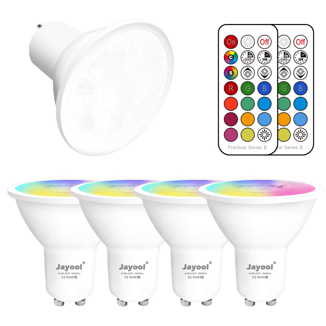 Jayool GU10 LED Bulbs, Dimmbale 5W Colour Changing Spot Light Bullb with Remote, RGB + Daylight White, Timer, 45°Beam Angle (Pack of 4)