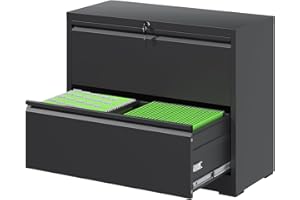 FLIXELIO File Cabinets 2 Drawer,Metal Office Storage Filing Cabinet with Lock,Black Lateral Filing Cabinet for Home Office,Horizontal Two Drawer File Cabinet for Legal/Letter/A4,Assembly Require,Black