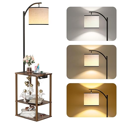 SUNMORY Floor Lamp with Table, End Table with Lamp, Shelves, Charging Station(USB & AC Port), 3-Color Temperature LED Bulb, Side Table Lamps for Living Room, Bedroom, Office, Rustic Brown