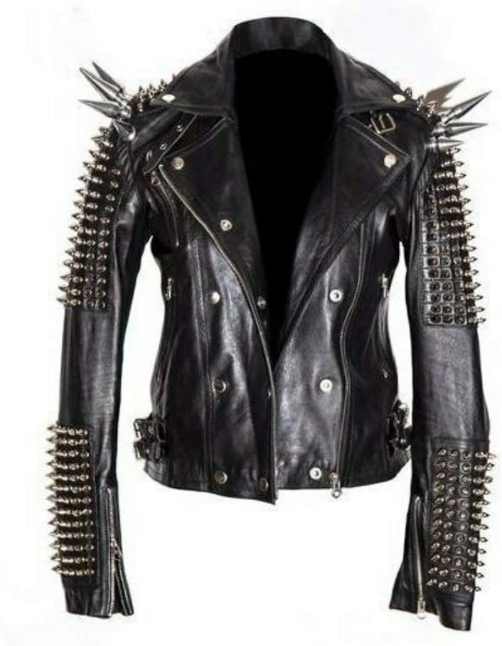 New Biker Punk Silver Long Spiked Studded Unique Black Cowhide Leather Jacket for Men