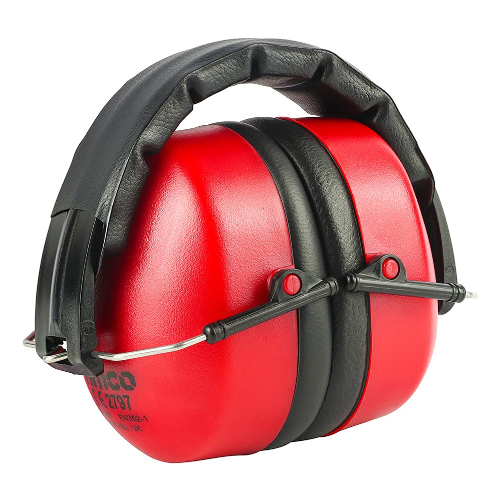 TIMCO Foldable Ear Defenders - Adjustable ear cups for comfort - 30.4dB - Padded headband - Red - One Size