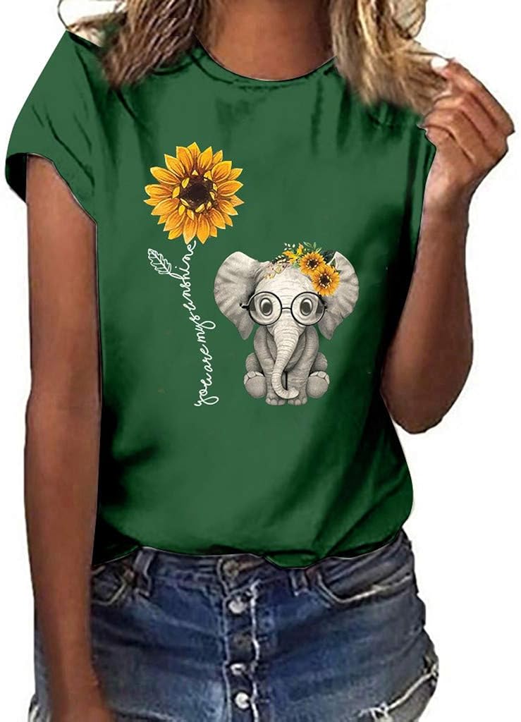 Meikosks Women's Cute Graphic Printing T Shirt Short Sleeve Round Neck Tunic Loose Sunflower Tops