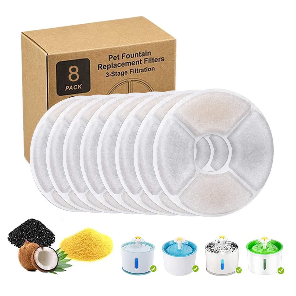 AKOFIC 8 Pack Water Fountain Filters, Pet Fountain Replacement Filters with Resin and Active Carbon, Pet Fountain Filters for Cat Flower Water Dispenser Drinking Fountain Keeping Water Clear Fresh