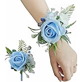 BECIEM Dusty Blue Corsage and Boutonniere Set, Prom Wedding Homecoming Wrist Corsage Wristlet and Boutonniere Set for Grooms Groomsmen Guest Bridal Bridesmaid Artificial Flower Suit Decoration