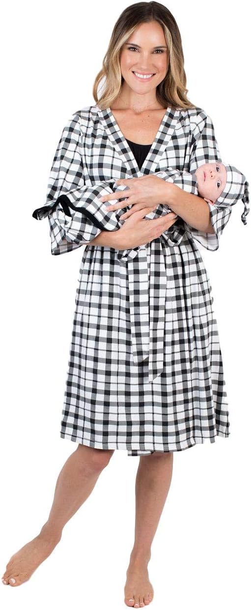 Matching Delivery Robe and Swaddle Blanket Set Mom and Baby (L/XL 12-18, Black Gingham)