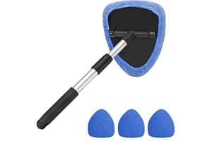AUKEPO Windshield Cleaning Tool, Car Window Cleaner with Extendable Long Handle and 4 Washable Reusable Microfiber Pads, Auto Interior Exterior Glass Wiper Cleaning Kit Universal for Office and Home (Blue)
