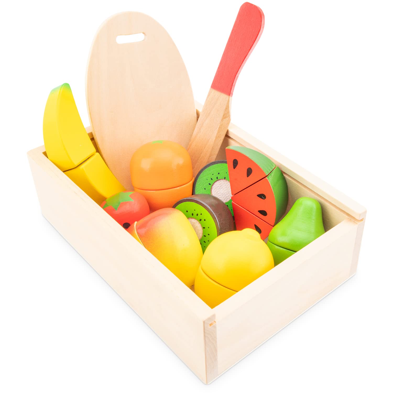 Woet® Wooden Cutting Fruit Box Toy, Sliceable Play Food with Knife and Cutting Board and Storage Box, Kitchen Accessories for Kids, Educational Role Play, Age 2 Years +
