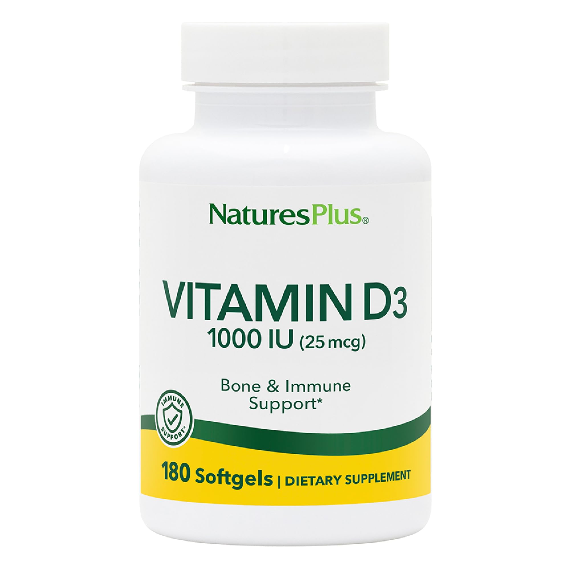 NaturesPlus Vitamin D3 1,000 IU - Active Vitamin D Supplement - Immune Support, Bones, Muscle, Teeth, Calcium Absorption - Easy to Swallow, Gluten Free - 180 Softgels