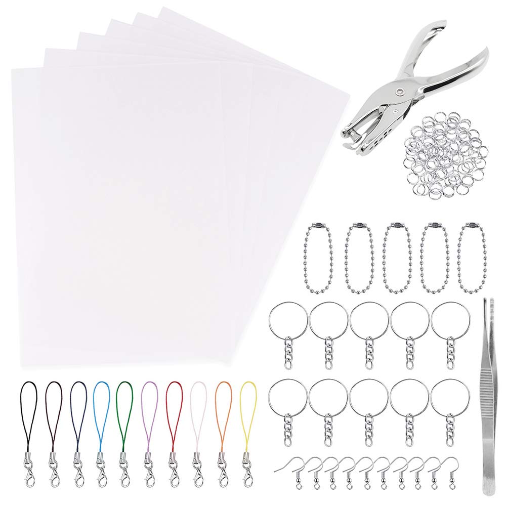 Anvin 157 Pcs Heat Shrink Plastic Sheet Kit Shrinky Art Film Paper 20 Pcs with 135 Pcs Keychains Accessory Ear Hooks Chain Beads Lobster Clasps and Hole Punch, Tweezer for DIY Handmade Craft