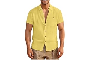Mens Button Down Shirts Linen Casual Shirts Short Sleeve Lapel Collar Shirt Summer Beach Textured Tops with Pocket