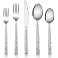 E-far 10-Piece Hammered Silverware Set, Stainless Steel Square Flatware Set Service for 2, Tableware Cutlery Set Includes Forks Spoons Knives, Modern Design & Mirror Polished - Dishwasher Safe