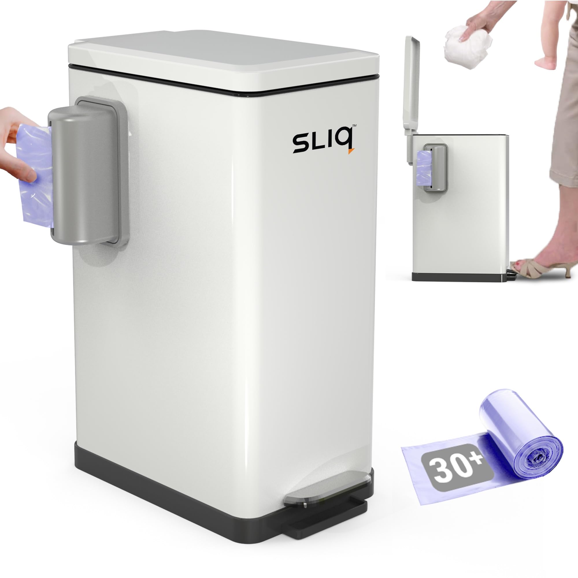 Photo 1 of Sliq Baby Diaper Trash Can Odor Control, Small Diaper Pail, 3.2 Gal Baby Trash Can for Diapers, Disposal Bin for Nursery Garbage Pail, Anti Odor Bin with 30 Lavender Scented Refills