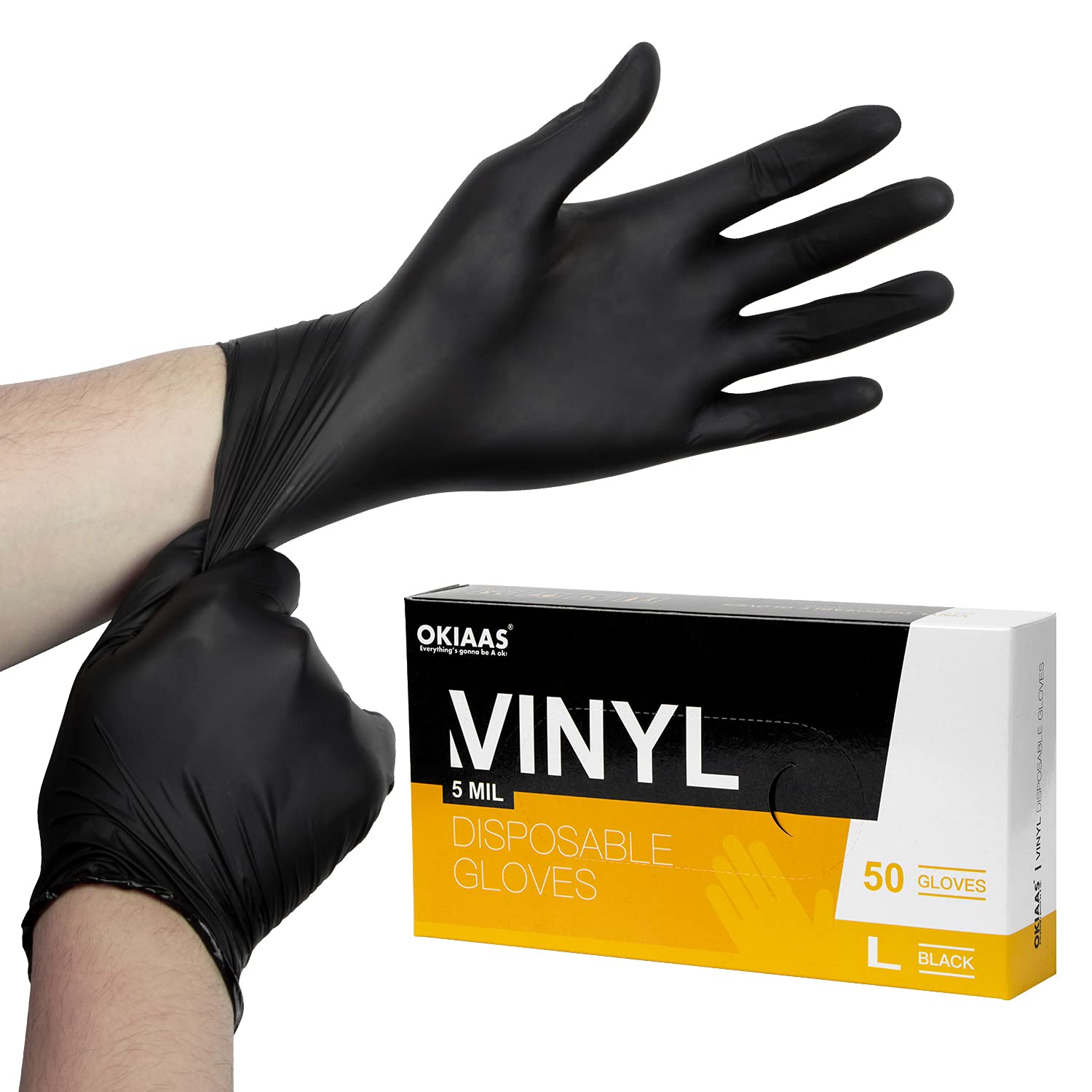 OKIAAS Black Gloves L|Latex-Free Vinyl Gloves for Household, Food Handling, Lab Work and More|Large, 50 Counts/Box