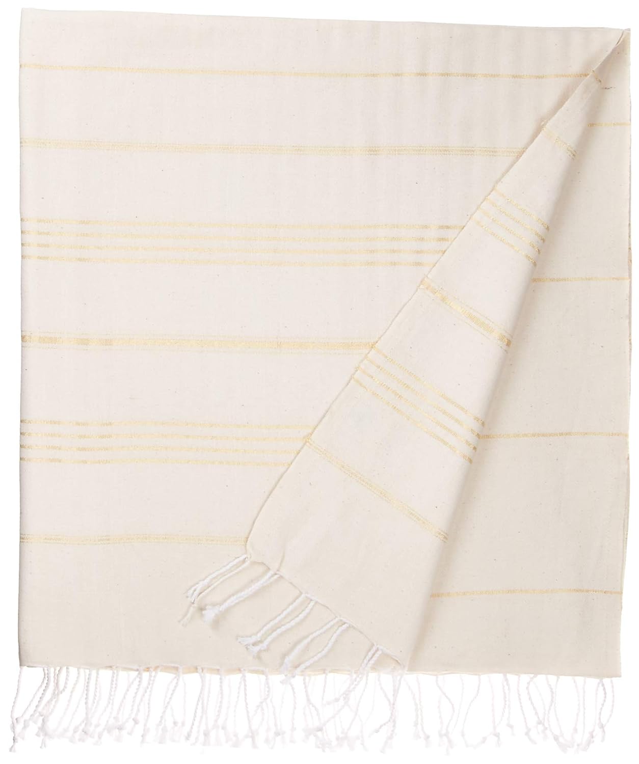 Bersuse 100% Cotton - Anatolia XL Throw Blanket Turkish Towel Pestemal - Bath Beach Fouta Peshtemal - Multipurpose Bed or Couch Throw, Table Cover or Picnic Mat - Striped - 61X82 Inches, Natural Gold