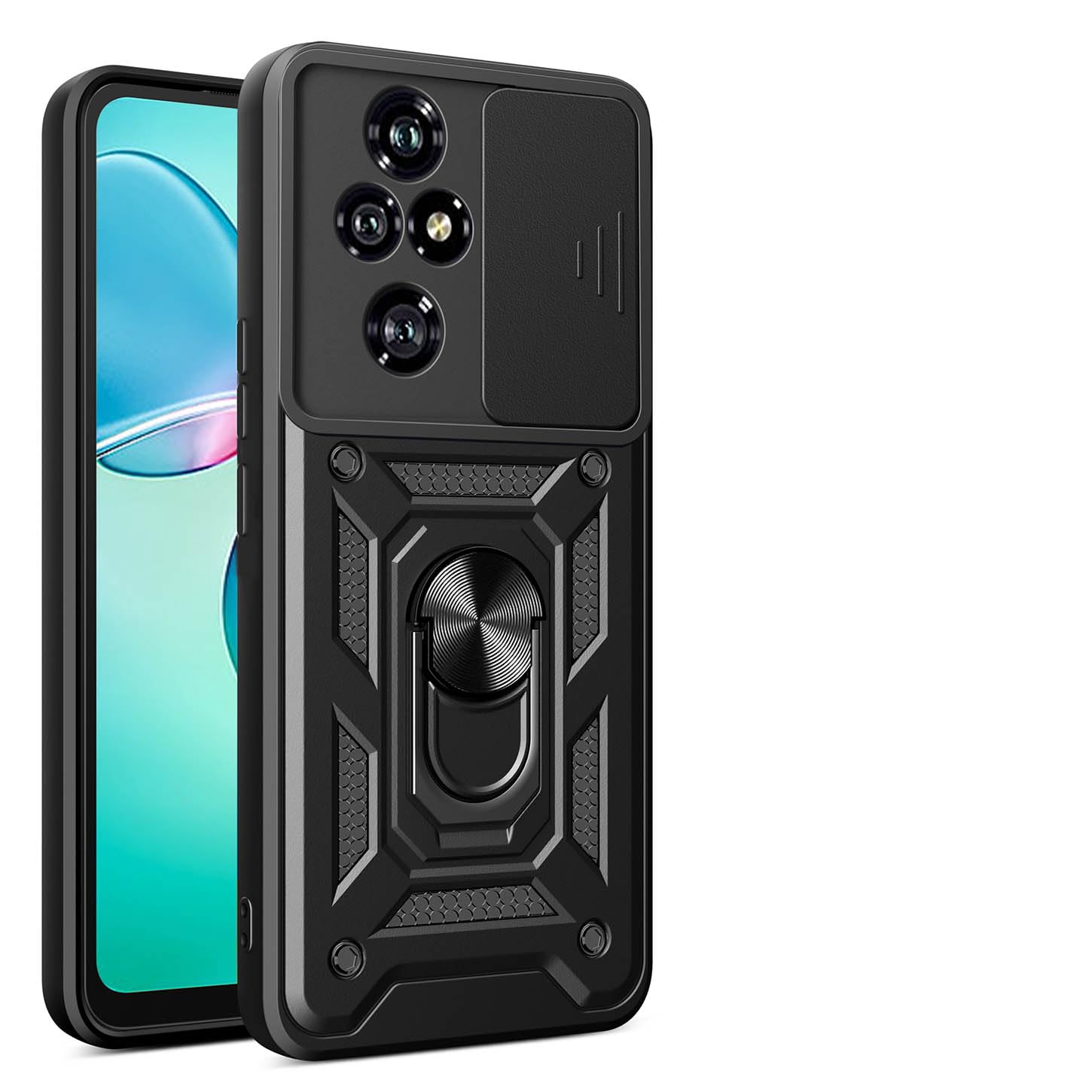 ILING Case for Honor 200 Pro 5G, Ultra-thin Matte Texture Hard PC + Soft Silicone TPU Bumper Shockproof Heavy Duty Cover, with Ring Kickstand and Slide Camera Cover (Black)